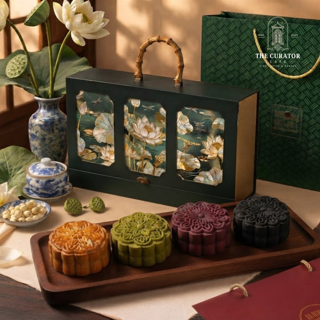 Hộp LOTUS xanh rêu mặt tranh sen khảm trai, quai tre