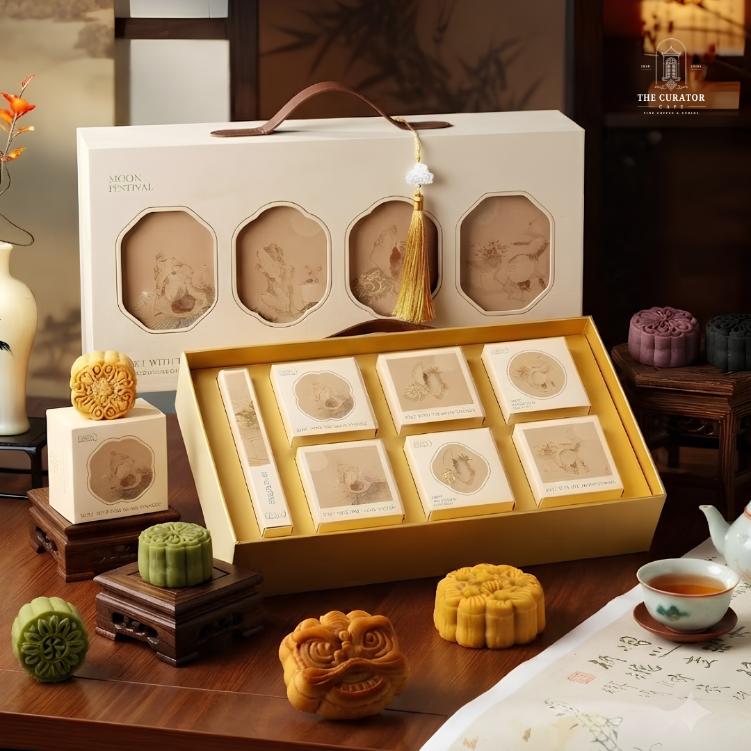 Toàn cảnh hộp FULL MOON bày trên bàn gỗ cùng ấm trà
