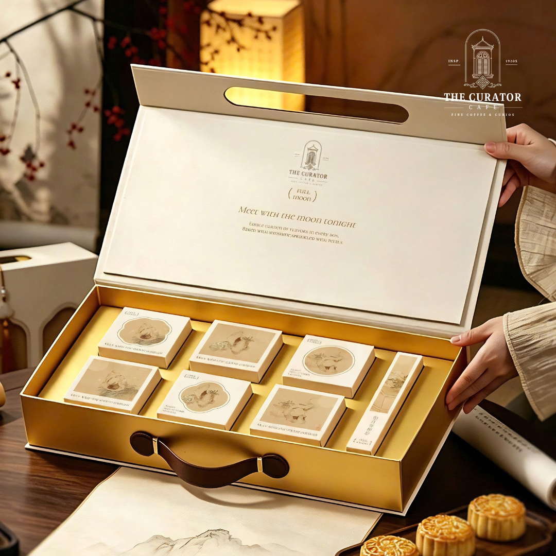 Hai tay mở nắp hộp FULL MOON dưới ánh đèn lồng